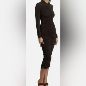 A.L.C Ansel Ruched Bodycon Midi Chiffon Long Sleeve High Neck Sexy Bodyc…